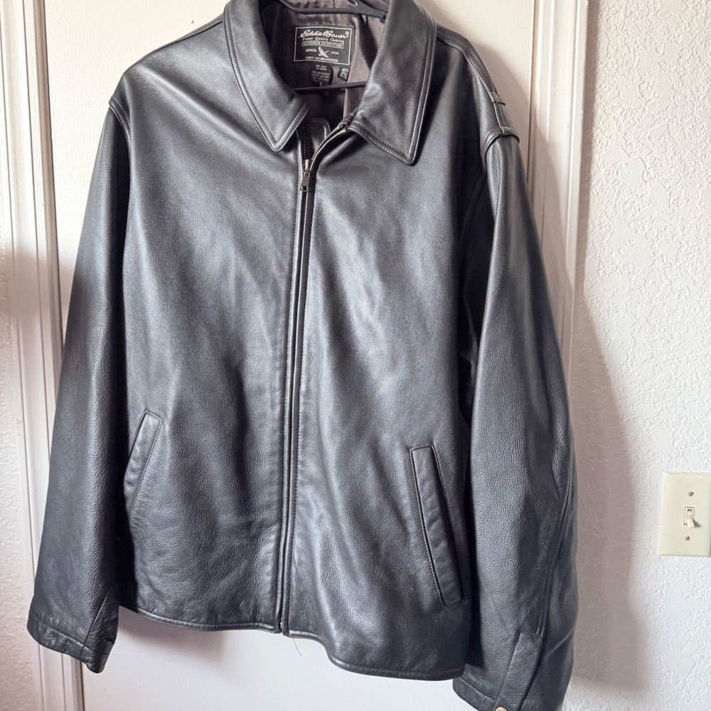 Vintage Eddie Bauer Mens XL Tall Dark Brown Genuine Leather Full Zip Jacket